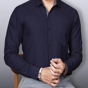 Dark Blue Solid Button Down Collar Formal Shirt For Men