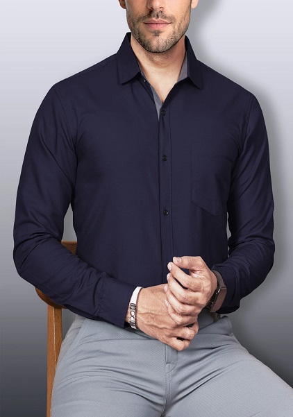 Dark Blue Solid Button Down Collar Formal Shirt For Men