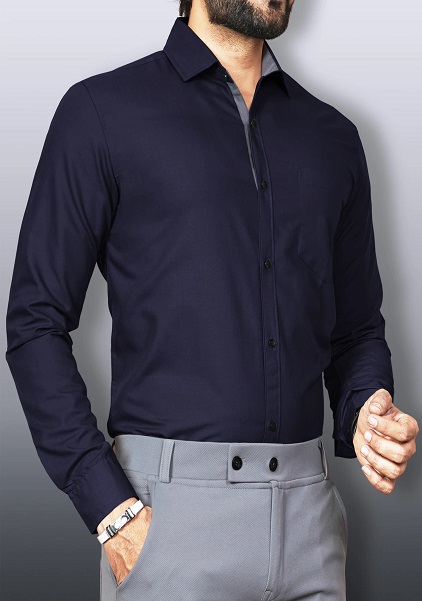 Dark Blue Solid Button Down Collar Formal Shirt For Men