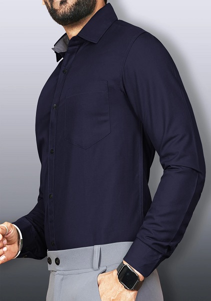Dark Blue Solid Button Down Collar Formal Shirt For Men