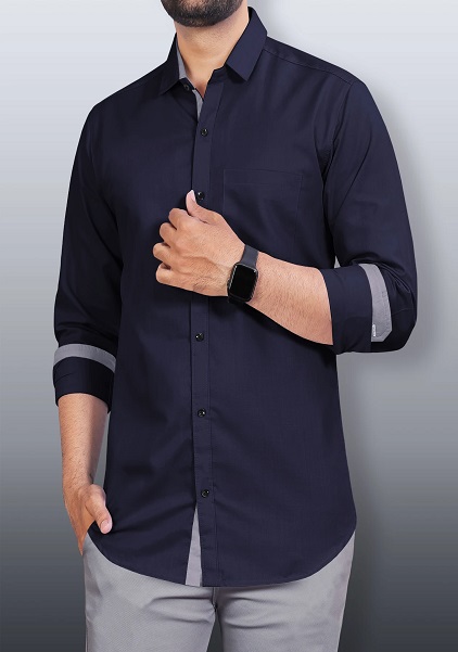 Dark Blue Solid Button Down Collar Formal Shirt For Men