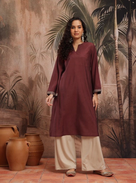 Elegant Women’s Zari A-Line Kurta with Flared Sleeves – Black & Maroon