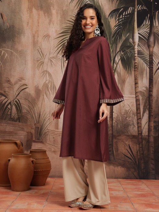 Elegant Women’s Zari A-Line Kurta with Flared Sleeves – Black & Maroon