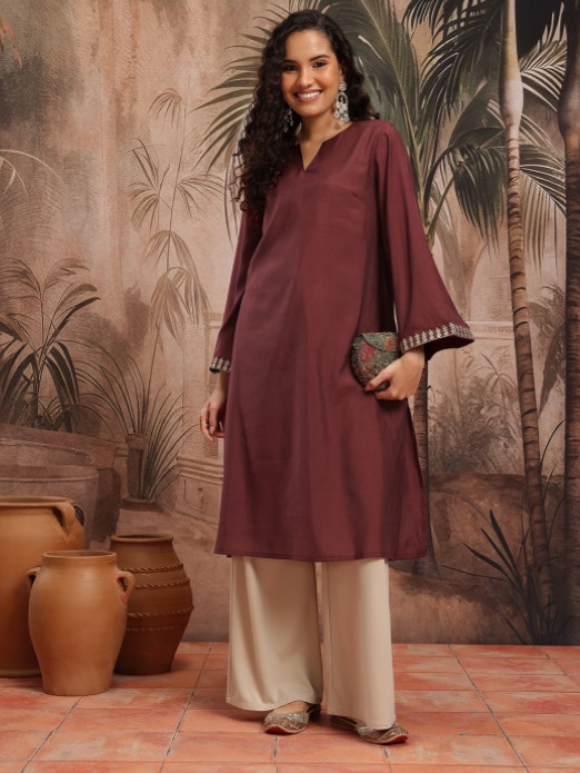 Elegant Women’s Zari A-Line Kurta with Flared Sleeves – Black & Maroon