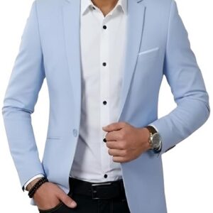 Light Blue Single Button Notch Lapel Slim Fit Blazer For Men