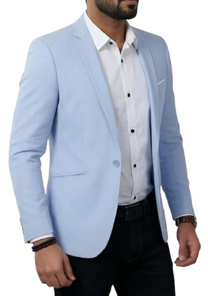 Light Blue Single Button Notch Lapel Slim Fit Blazer For Men