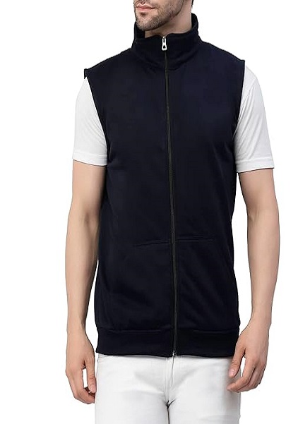 Cotton Blend Standard Length Sleevless Regular Fit Jacket For Men