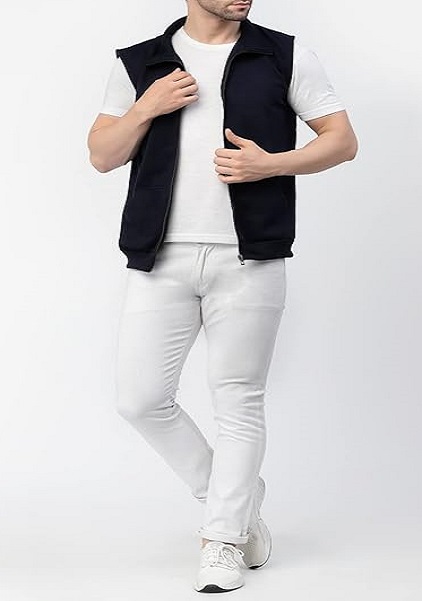 Cotton Blend Standard Length Sleevless Regular Fit Jacket For Men