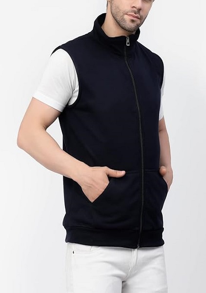 Cotton Blend Standard Length Sleevless Regular Fit Jacket For Men